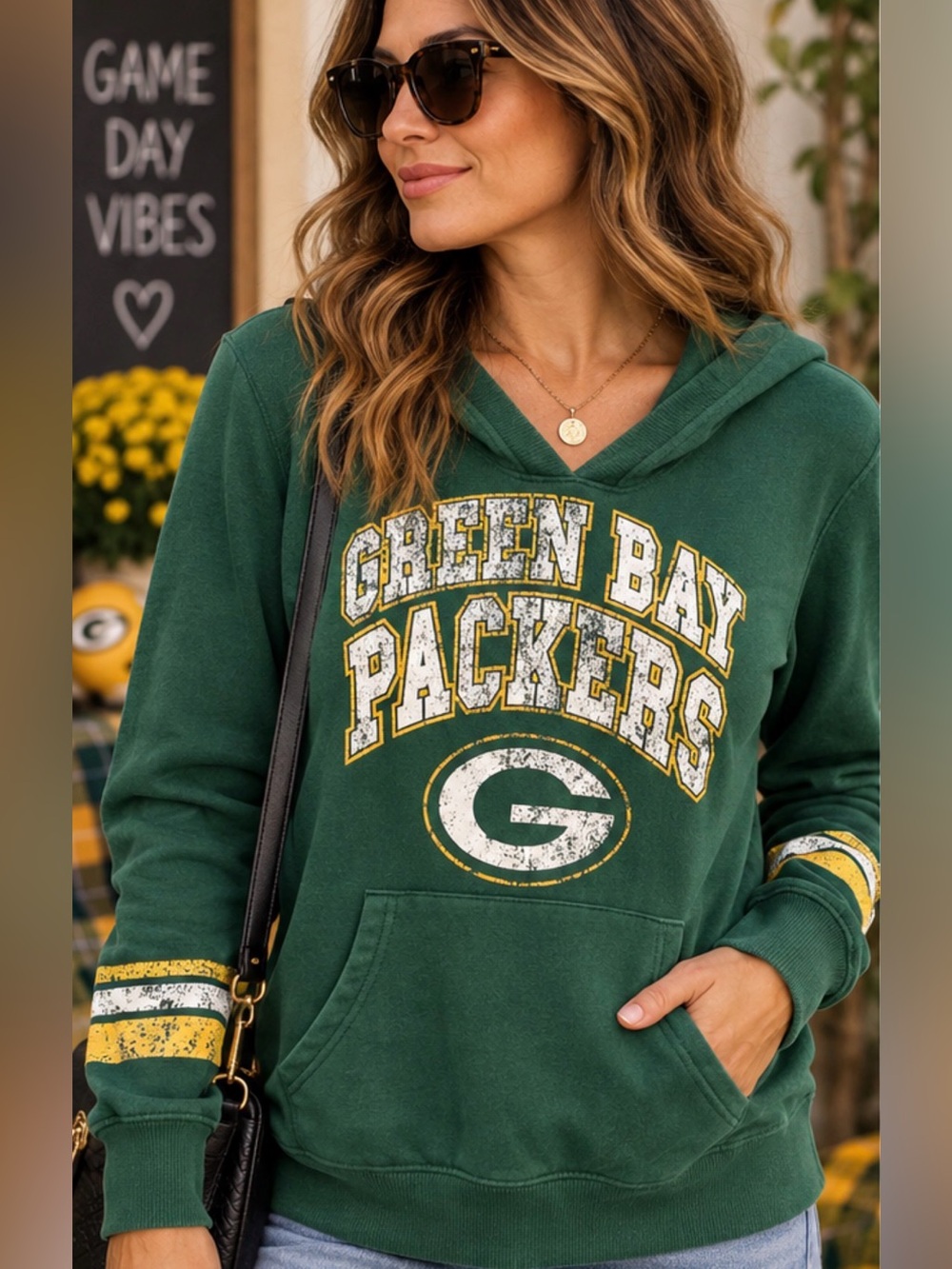 Green Bay Packers NFL Women’s Distressed V-Neck Hoodie Green Game Day